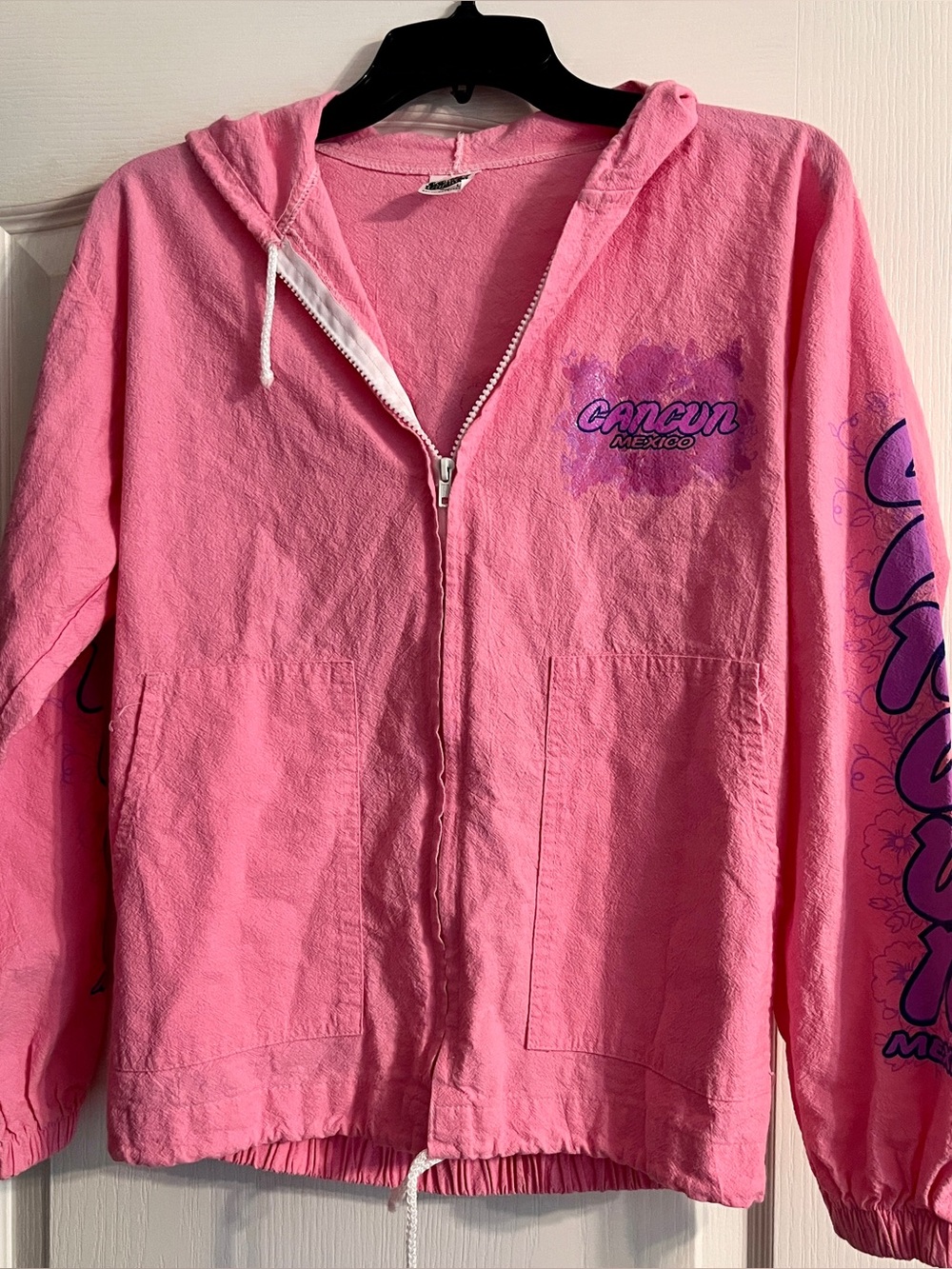 Vintage 90s Cancun Mexico Pink Crinkle Cotton Zip Jacket